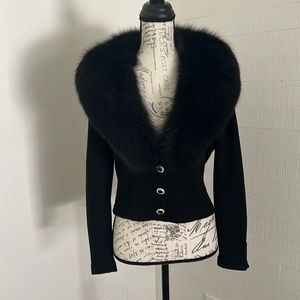 Beautiful fur St. John long sleeve knit black top.